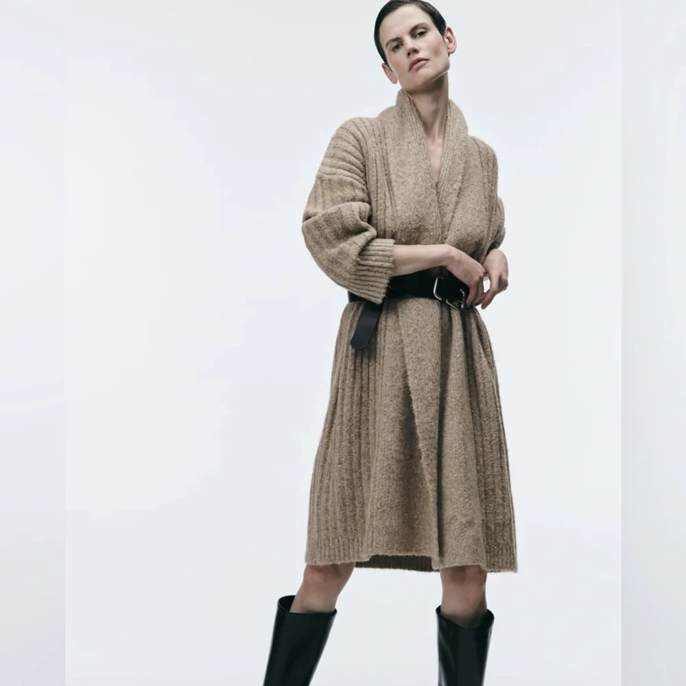 Zara Beige Rib Knit Coat - Picture 6 of 12